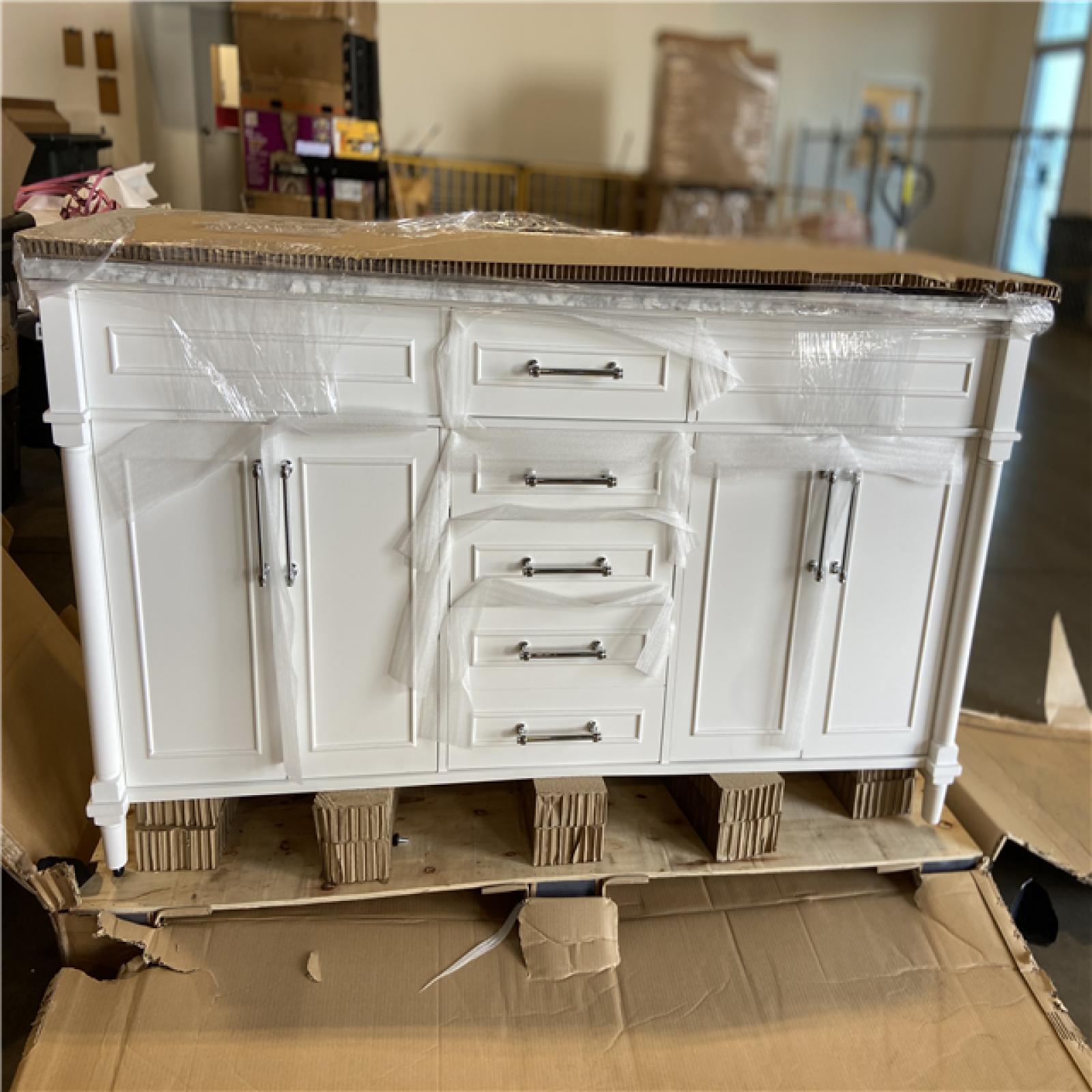 DALLAS LOCATION - Home Decorators Collection Aberdeen 72 in. Double Sink Freestanding White Bath Vanity with Carrara Marble Top (Assembled)