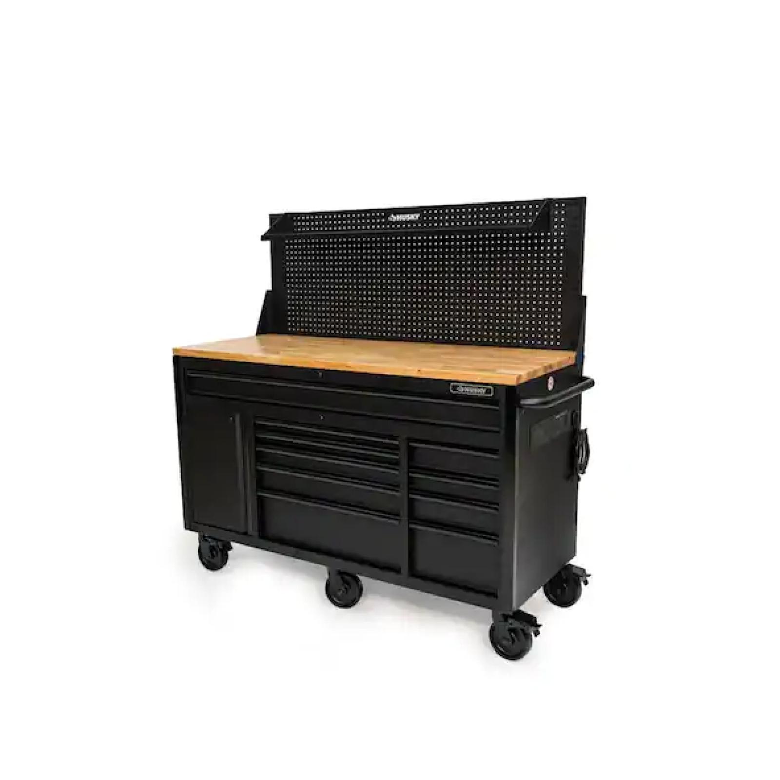 DALLAS LOCATION - Husky 61 in. W x 26 in. D Heavy Duty 10-Drawer 1-Door Mobile Workbench with Hardwood Top, Pegboard and Shelf in Matte Black