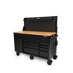 DALLAS LOCATION - Husky 61 in. W x 26 in. D Heavy Duty 10-Drawer 1-Door Mobile Workbench with Hardwood Top, Pegboard and Shelf in Matte Black