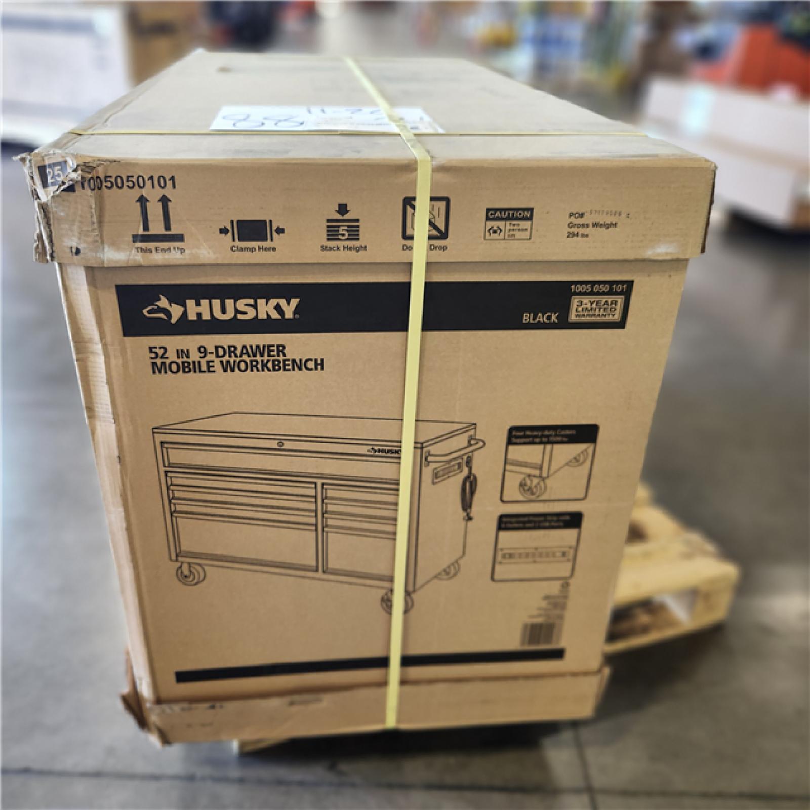 DALLAS LOCATION - Husky 52 in. W x 25 in. D Standard Duty 9-Drawer Mobile Workbench Tool Chest with Solid Wood Top in Gloss Black