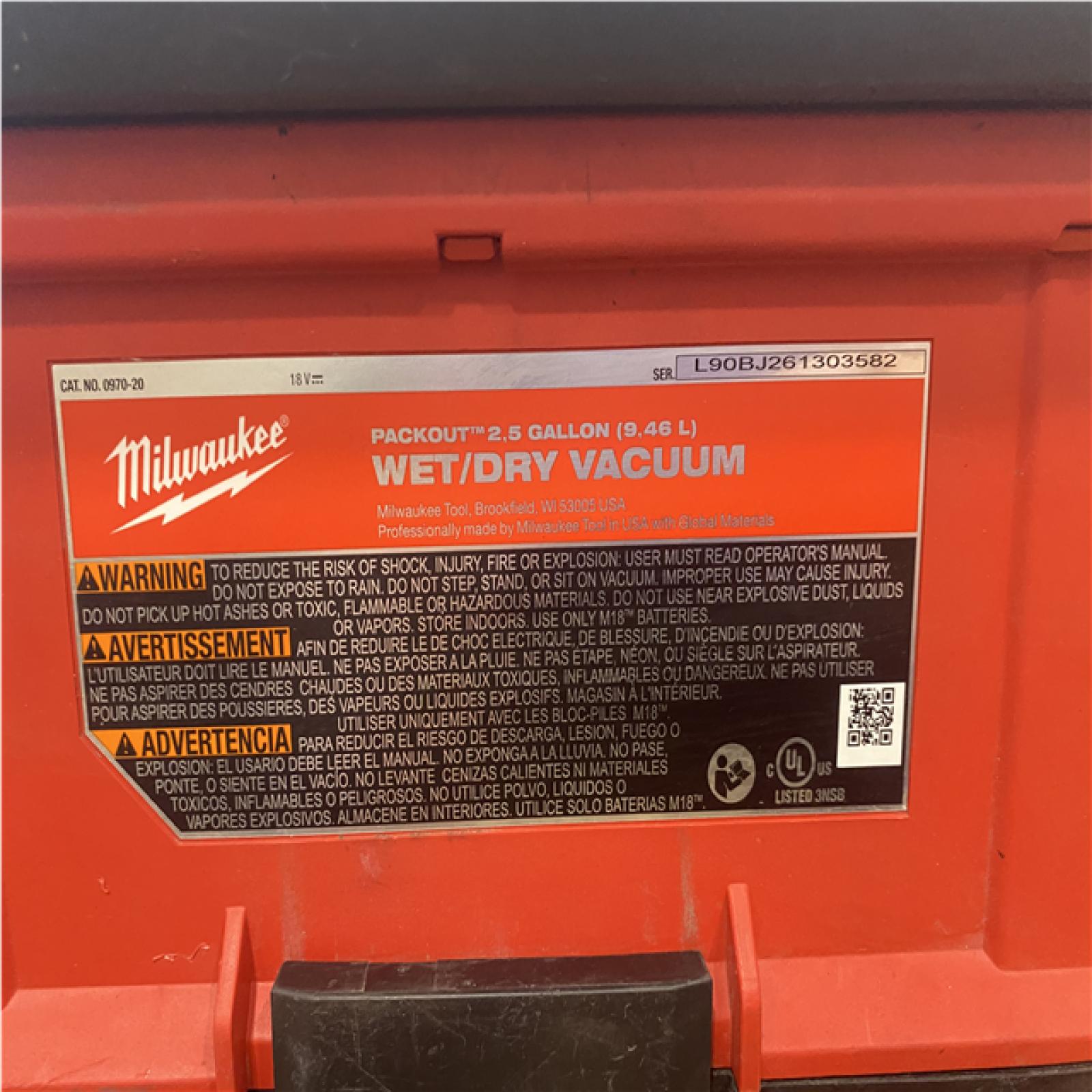 AS-IS  Milwaukee FUEL PACKOUT 18-Volt Lithium-Ion Cordless 2.5 Gal. Wet/Dry Vacuum (Vacuum-Only)
