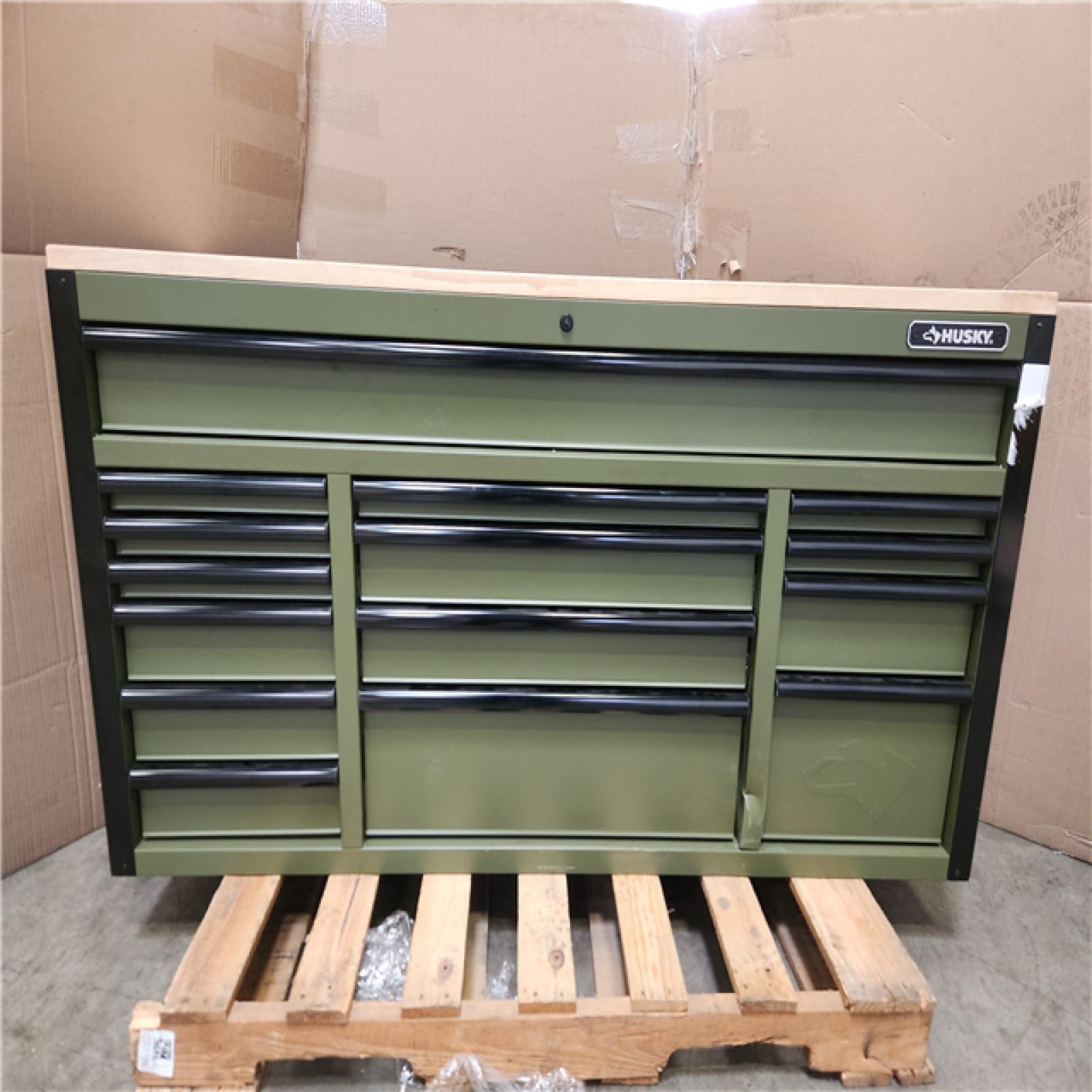 Phoenix Husky Heavy Duty 61 in. W x 23 in. D 15-Drawer Matte Army Green Mobile Workbench Cabinet with Solid Wood Top