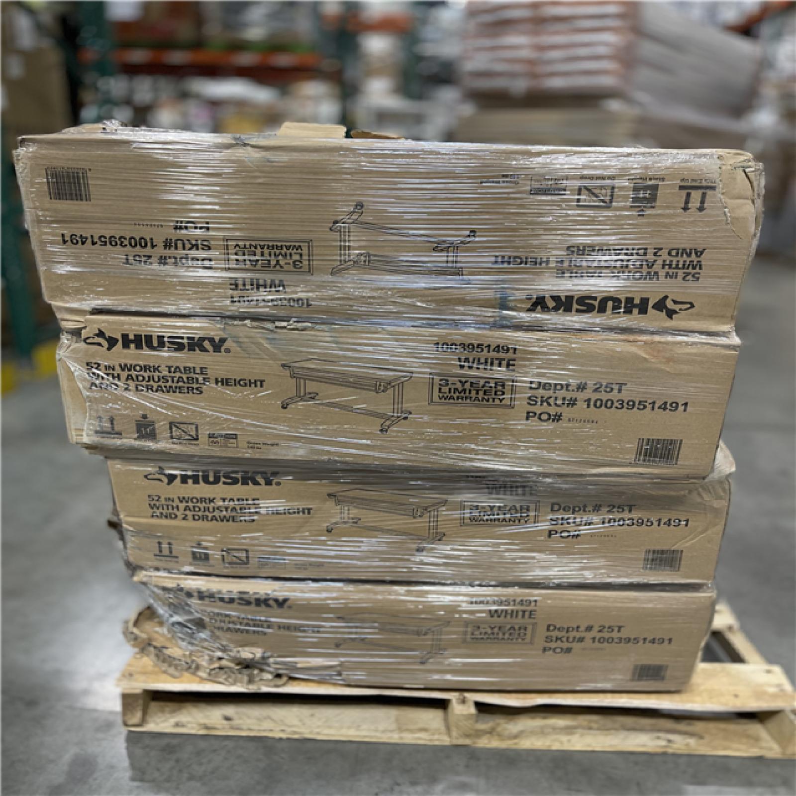 DALLAS LOCATION - Husky 52 in. W x 24 in. D 2-Drawer Adjustable Height White Workbench Table with Solid Wood Top PALLET-(4 UNITS)