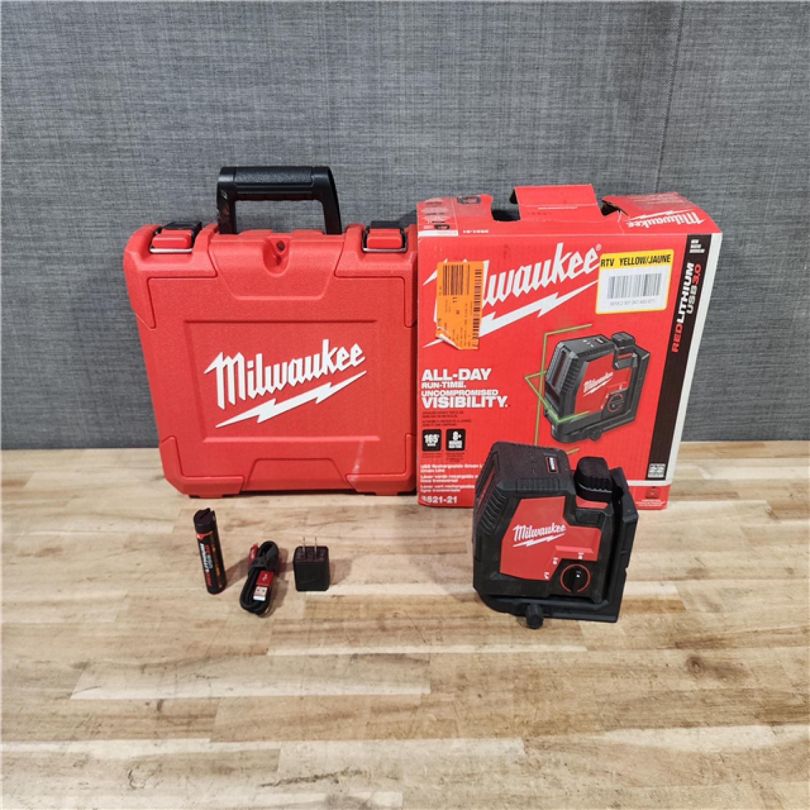 HOUSTON LOCATION - AS-IS Milwaukee 100 ft. REDLITHIUM Lithium-Ion USB Green Rechargeable Cross Line Laser Level with Charger