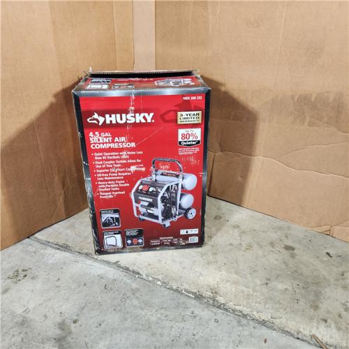 Houston location- AS-IS Husky 4.5 Gal. Portable Electric-Powered Silent Air Compressor - Appears IN NEW CONDITION
