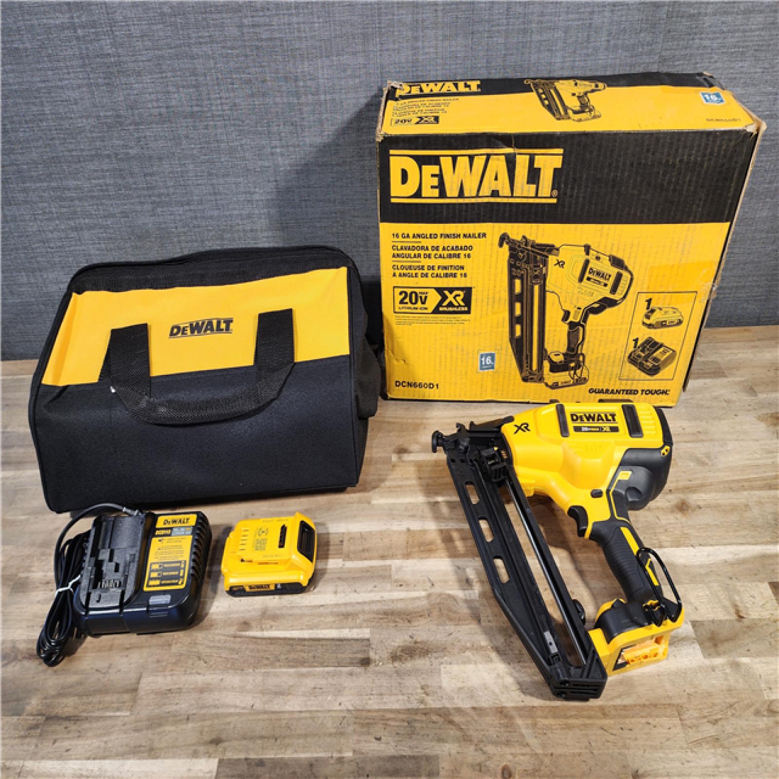 HOUSTON LOCATION - AS-IS DeWalt 20V 16 Gauge Cordless Angled Finish Nailer Kit W/ 2Ah Battery