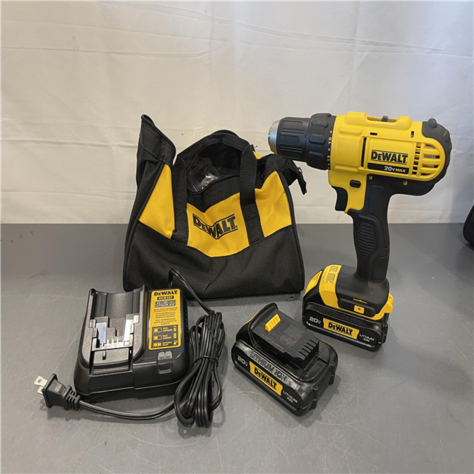 AS-IS - DEWALT 20V MAX Cordless 1/2 in. Drill/Driver, (2) 20V 1.3Ah Batteries, Charger and Bag