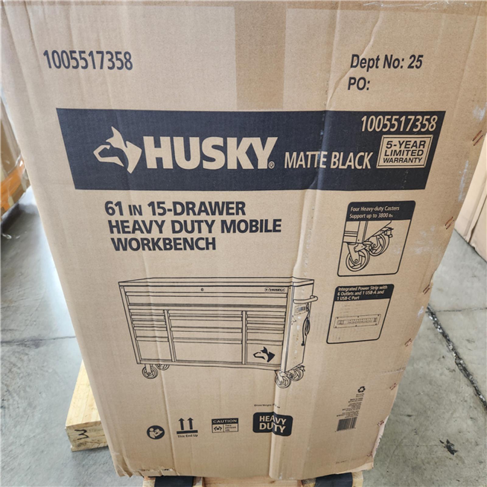 Phoenix NEW Husky 61 in. W x 23 in. D Heavy Duty 15-Drawer Mobile Workbench Tool Chest with Solid Wood Top in Matte Black