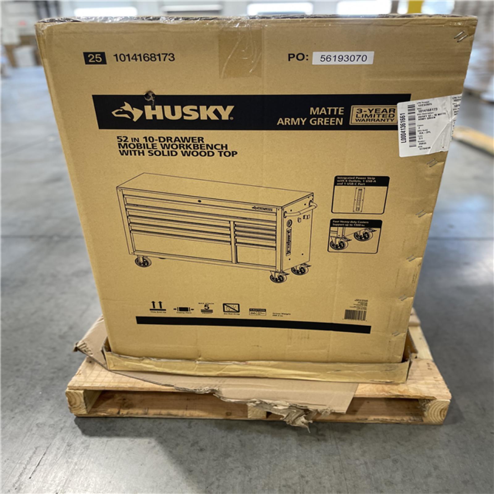DALLAS LOCATION- AS-IS HUSKY Standard-Duty 52 in. W 10-Drawers Workbench Matte Army Green/Woodtop