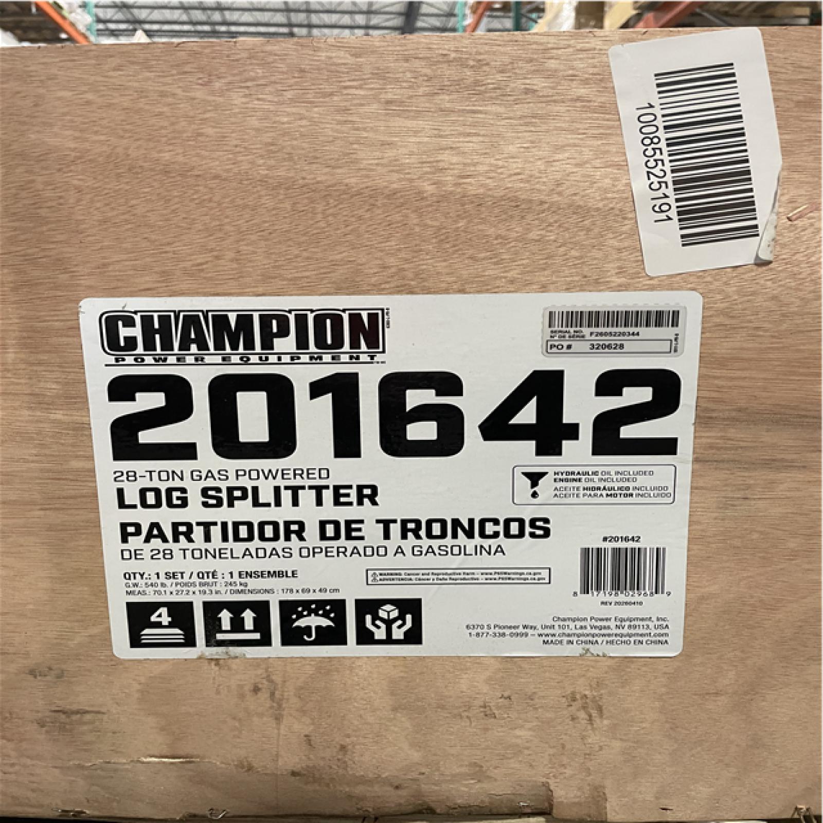 DALLAS LOCATION- AS-IS CHAMPION 28-Ton 224cc Vertical/Horizontal Op Log Splitter w/ Funnel & Hydraulic Oil