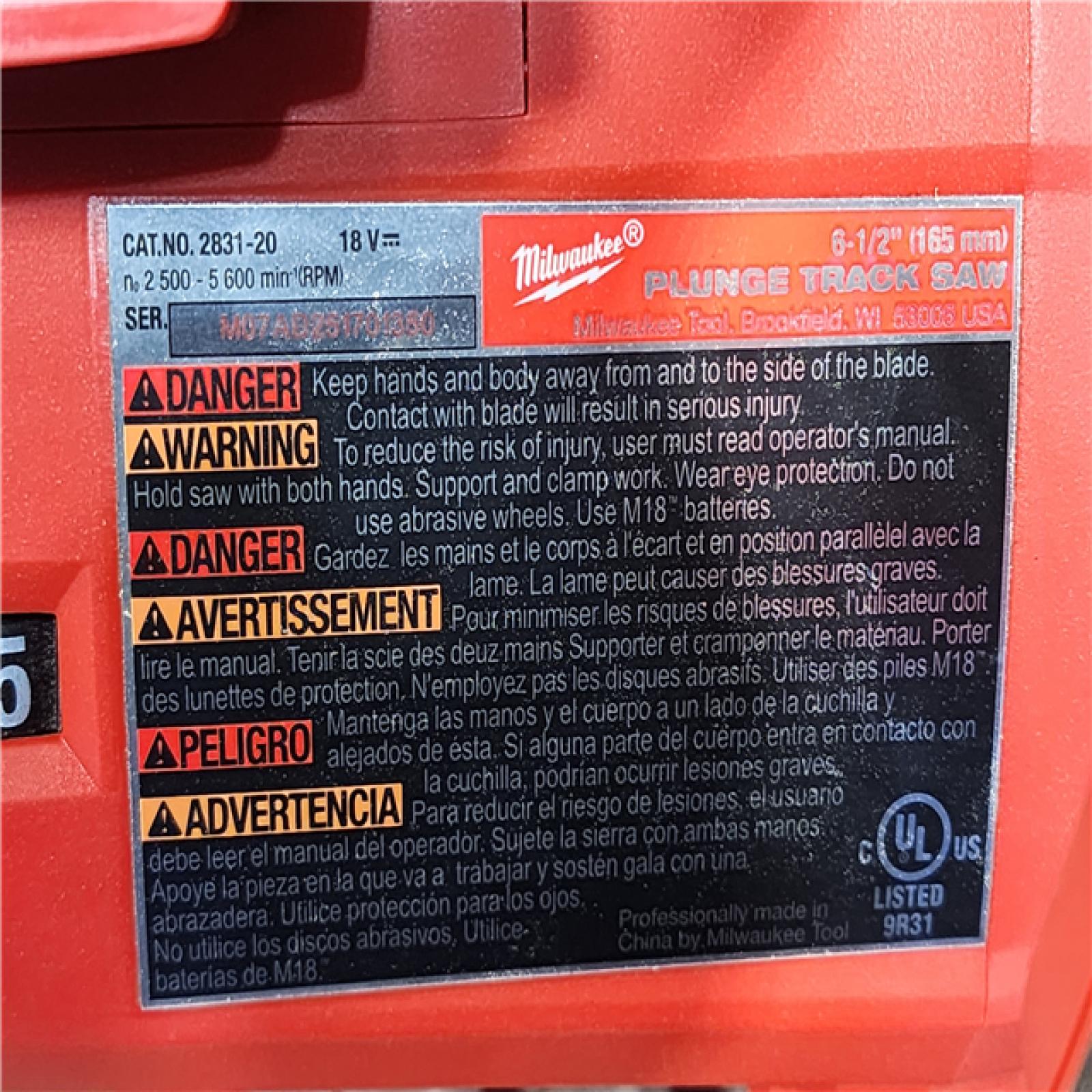 HOUSTON LOCATION - AS-IS Milwaukee  FUEL 18V Lithium-Ion Cordless Brushless 6-1/2 in. Plunge Cut Track Saw (Tool-Only)