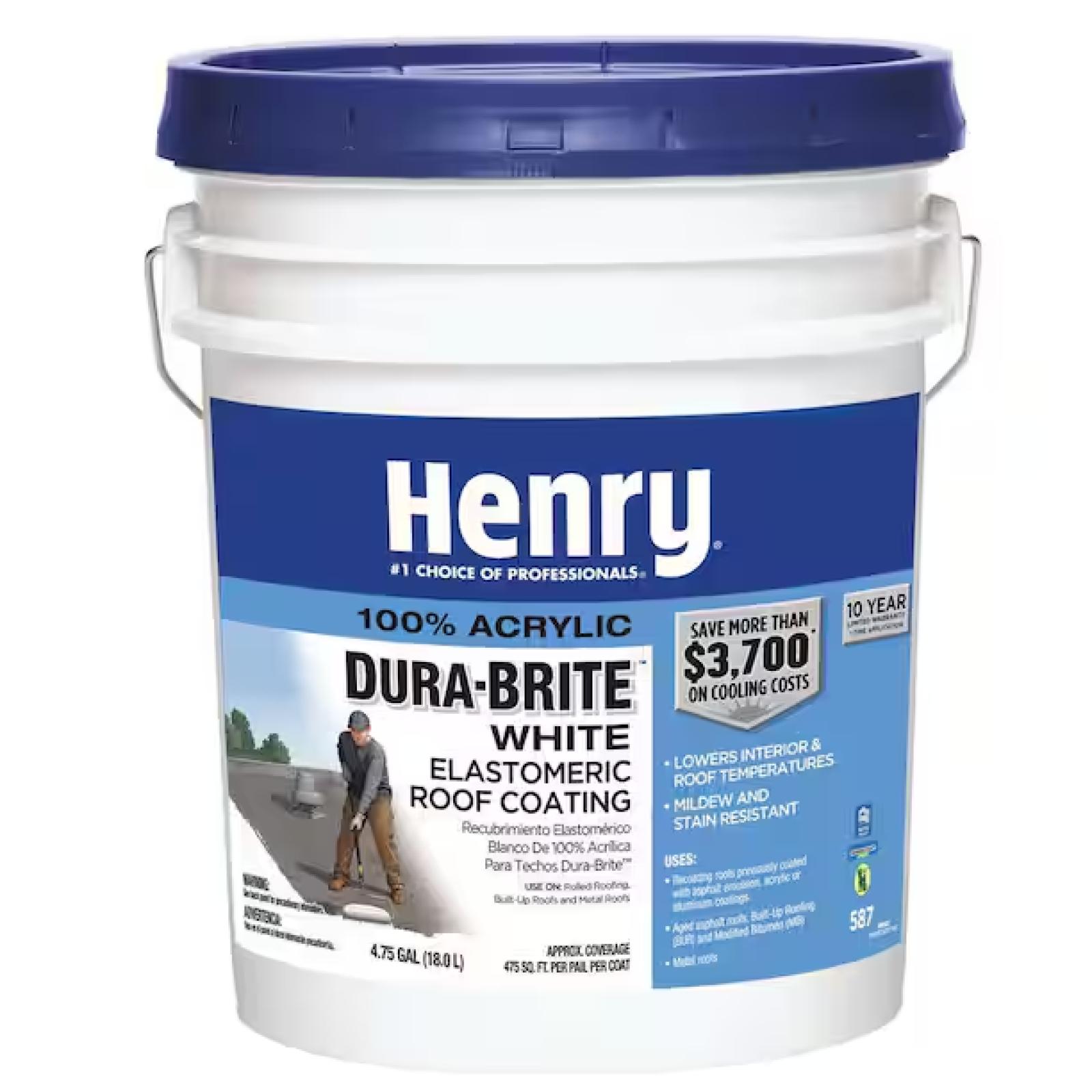 DALLAS LOCATION - Henry 587 Dura-Brite White 100% Acrylic Elastomeric Reflective Roof Coating 4.75 gal. PALLET-(12 UNITS)
