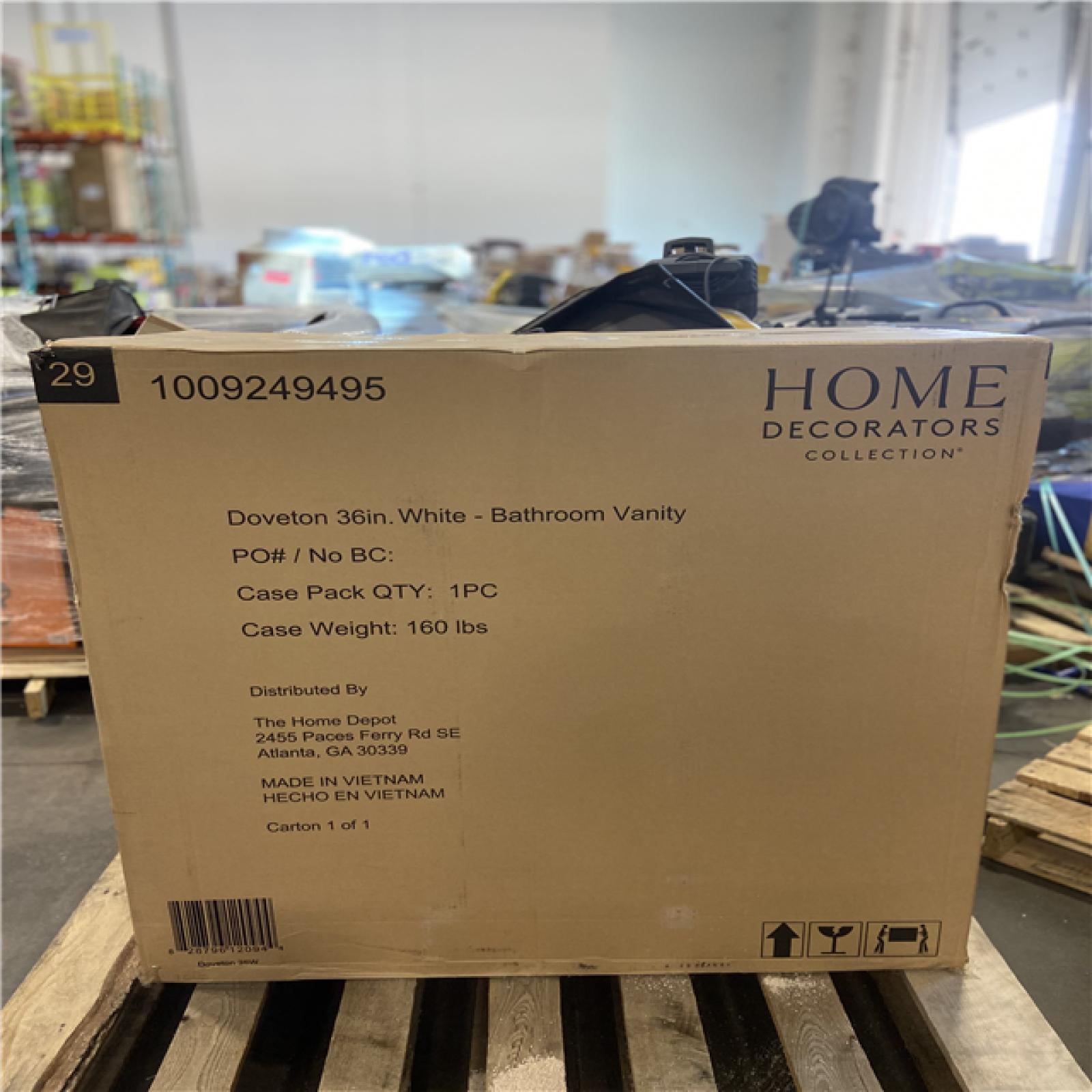 DALLAS LOCATION - Home Decorators Collection Doveton 36 in. Single Sink Freestanding White Bath Vanity with White Engineered Marble Top (Assembled)