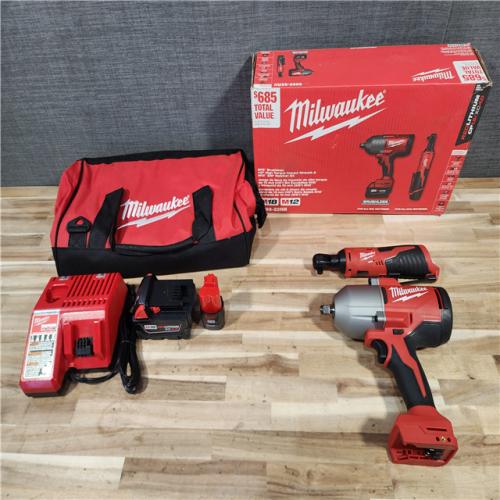 HOUSTON LOCATION - AS-IS Milwaukee 12/18V Lithium-Ion Cordless 3/8 in. Ratchet and 1/2 in. High Torque Impact Wrench with Friction Ring Combo Kit