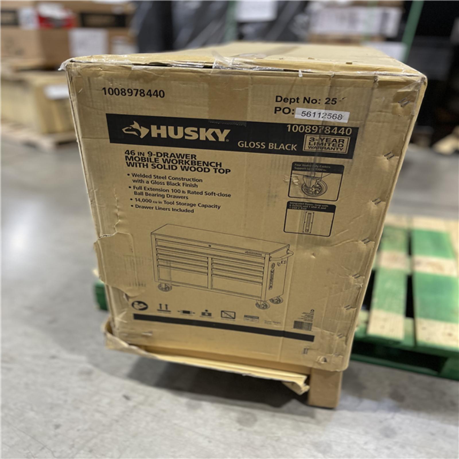 DALLAS LOCATION - Husky Tool Storage 46 in. W x 18 in. D 9-Drawer Mobile Workbench Cabinet in Gloss Black