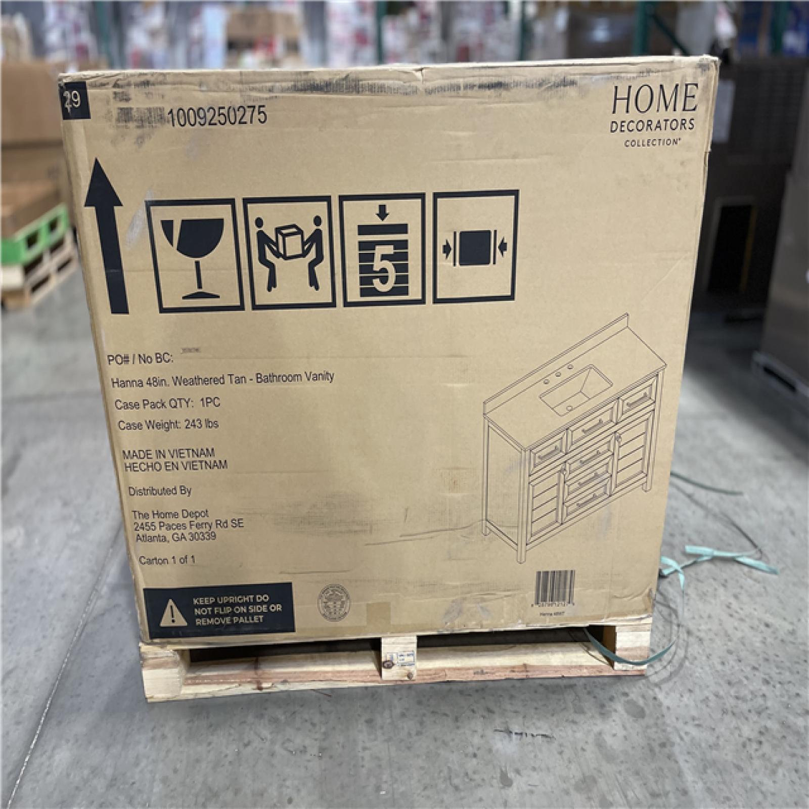 DALLAS LOCATION - Home Decorators Collection Hanna 48 in. Single Sink Weathered Tan Bath Vanity with White Engineered Stone Top (Assembled)