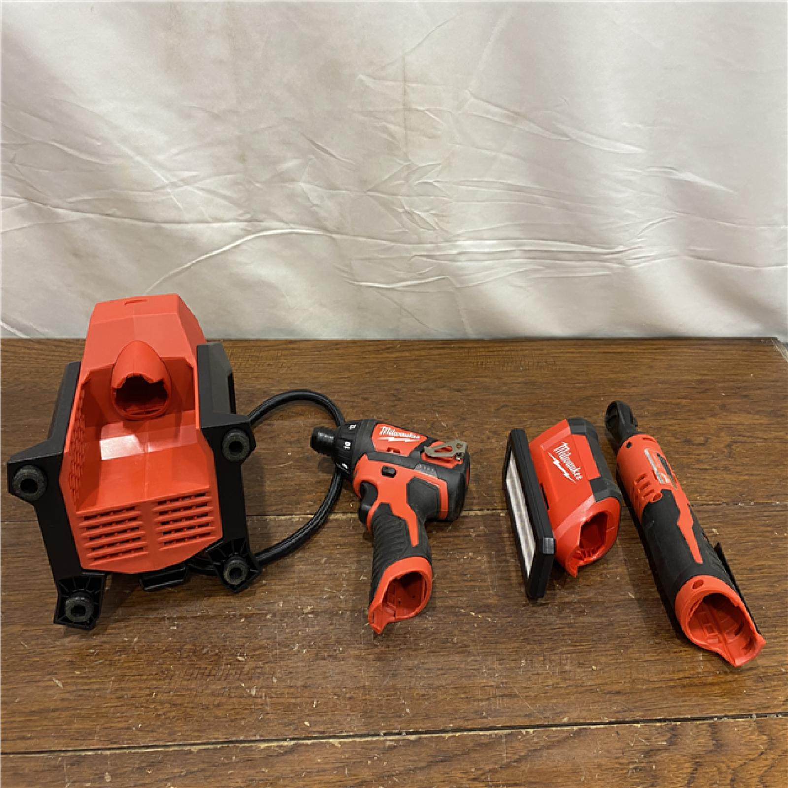 AS-IS M12 Cordless Power Tool Combo Kit, 4-Tool Set, 12V Lithium-Ion, 2.0Ah Batteries, Charger, Tool Bag