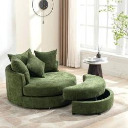 Phoenix NEW Harper & Bright Designs Green Chenille 360° Swivel Accent Barrel Arm Chair with Storage Ottoman and 4-Pillows