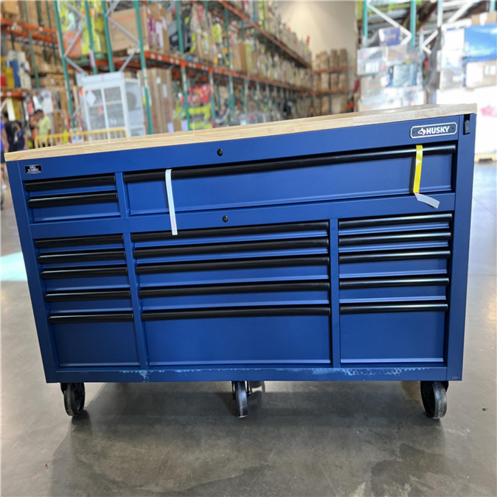 DALLAS LOCATION- Husky 72 in. W x 24 in. D Heavy Duty 18-Drawer Adjustable Height Mobile Workbench with Solid Wood Top in Matte Blue