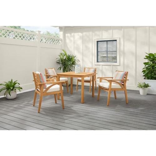 Phoenix NEW Hampton Bay Windy Hill 5-Piece Acacia Wood Outdoor Dining Set with CushionGuard Almond Biscotti Cushions
