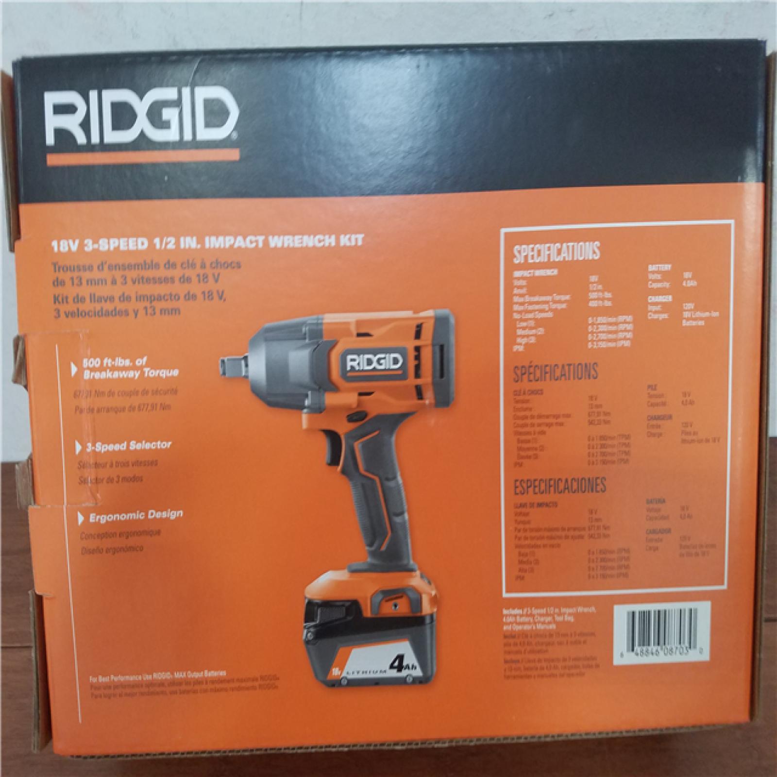 California NEW Ridgid 18V 3-Speed 1/2 in. Impact Wrench Kit  Includes (1) Battery  Charger and Bag