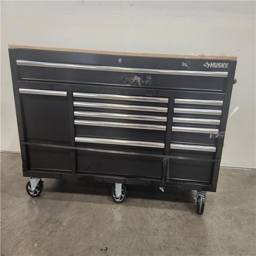 Phoenix Location Husky 62 in. W x 20 in. D 12-Drawer Gloss Black Mobile Workbench Cabinet with Solid Wood Top and Power Drawer