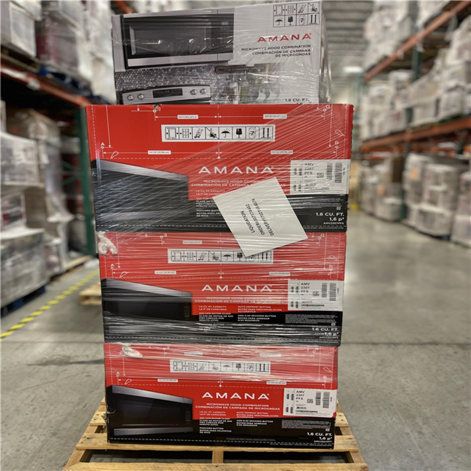 DALLAS LOCATION- NEW!- Amana 1.6 cu. ft. Stainless Steel Electric 1000-Watt Over the Range Microwave 300 Exhaust CFM PALLET (7 UNITS)