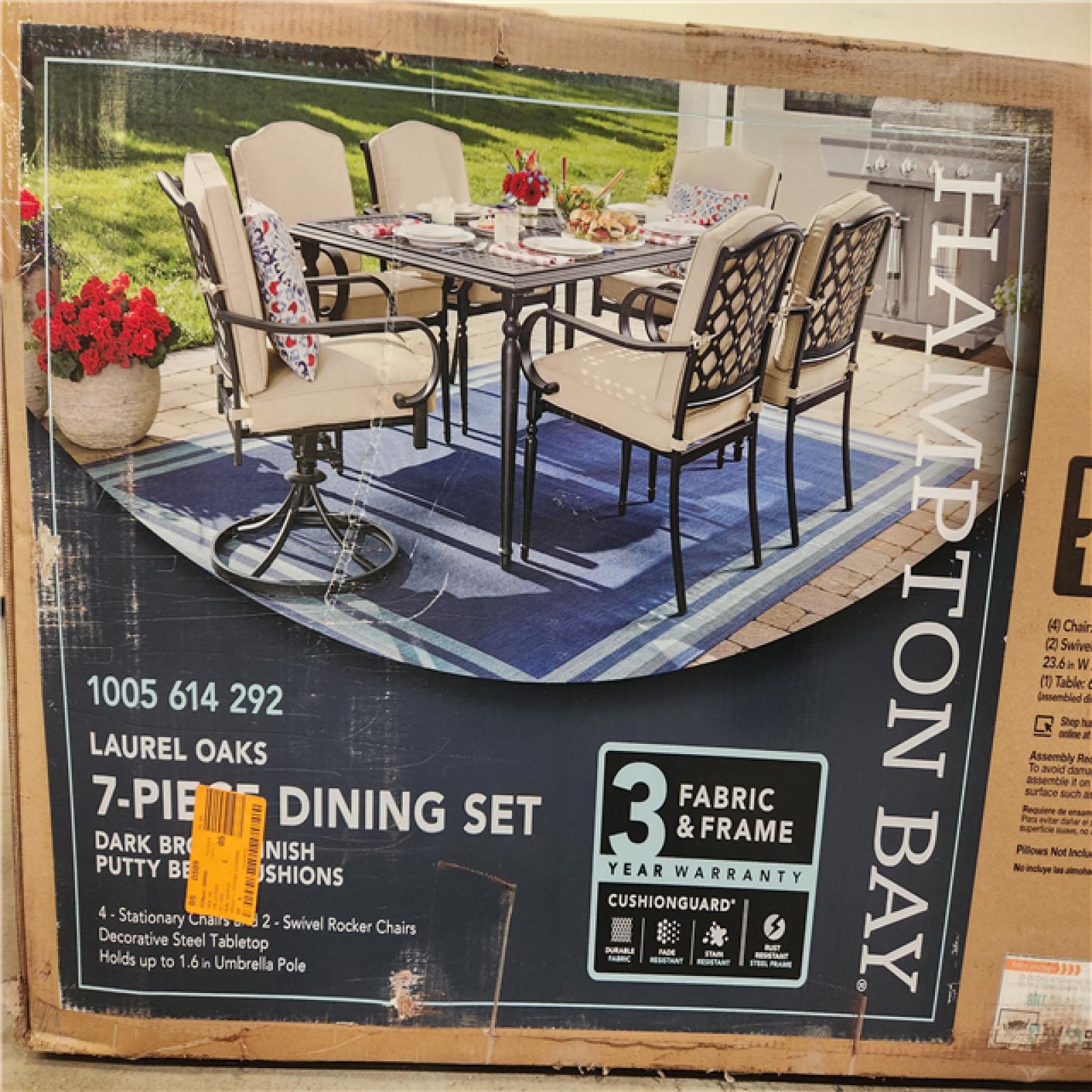 Phoenix Location NEW Hampton Bay Laurel Oaks 7-Piece Brown Steel Outdoor Patio Dining Set with CushionGuard Putty Tan Cushions