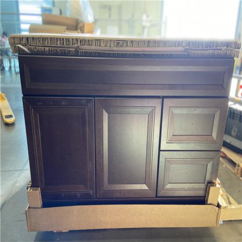DALLAS LOCATION - Home Decorators Collection Sedgewood 48.5 in. W x 18.75 in. D x 34.375 in. H Single Sink Bath Vanity in Dark Cognac with Arctic Solid Surface Top
