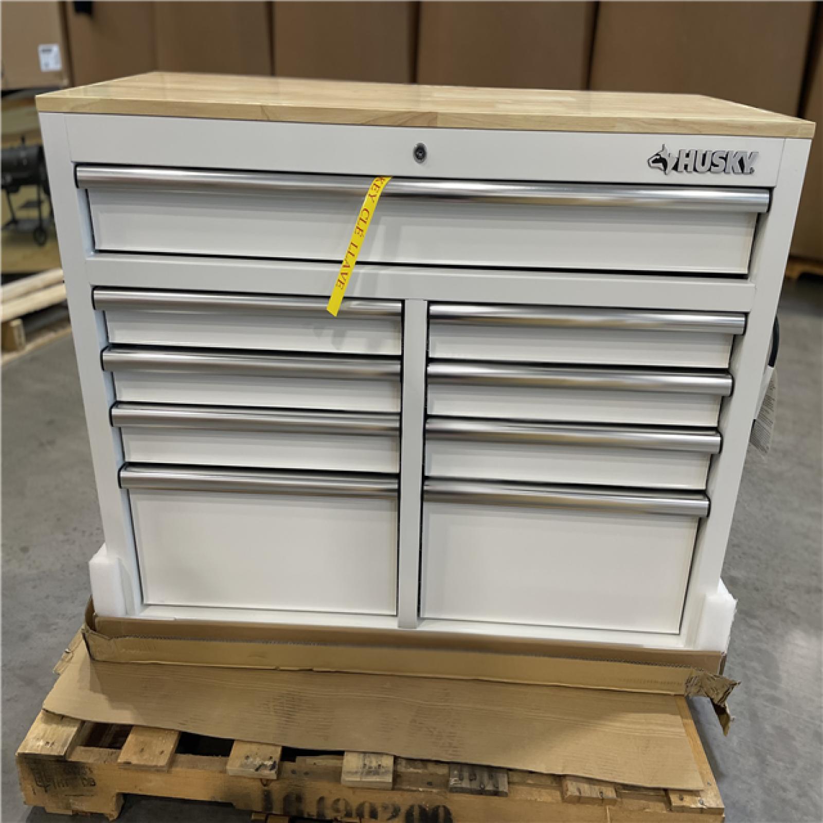 DALLAS LOCATION- HUSKY 46IN 9-DRAWER MOBILE WORKBENCH WITH SOLID WOOD TOP