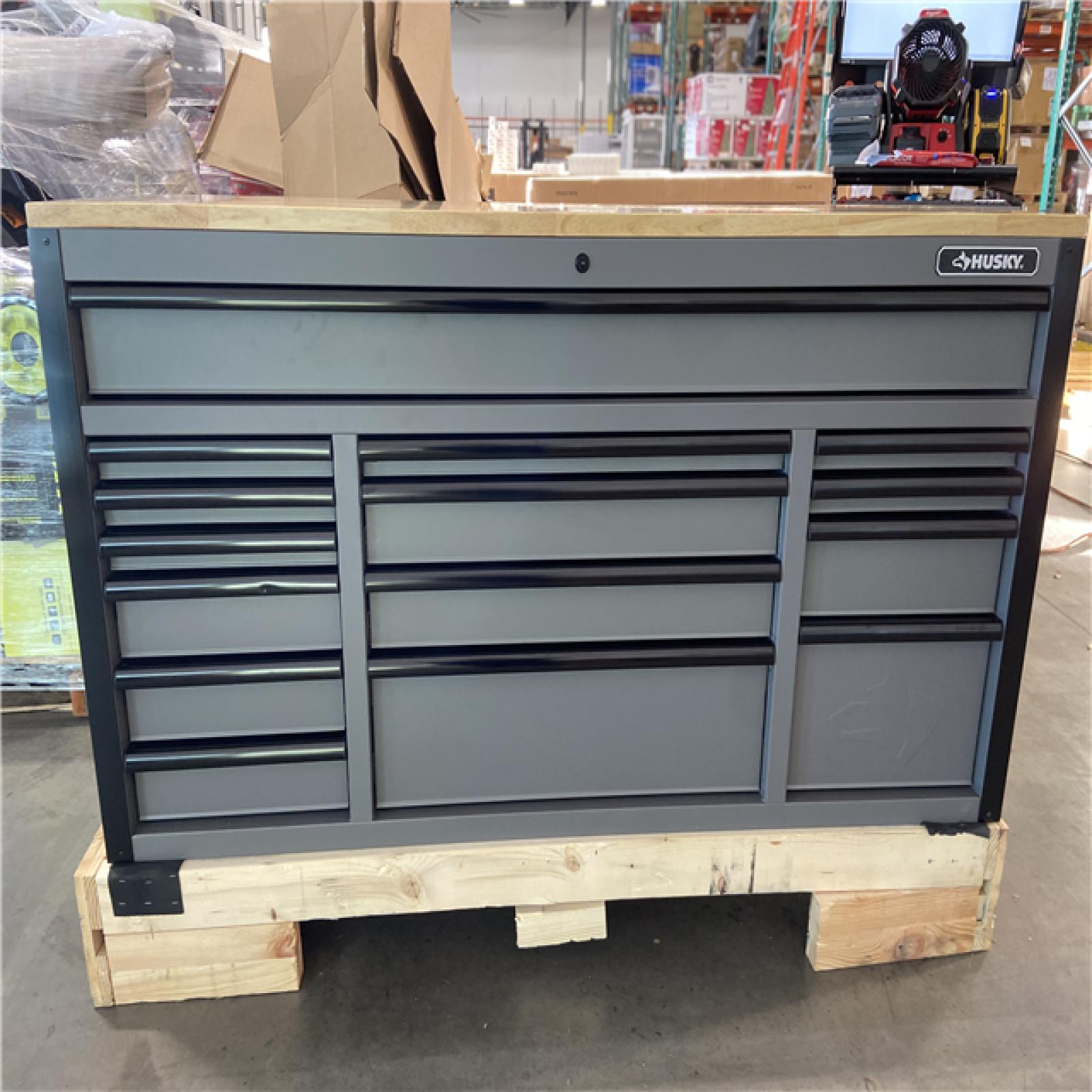 DALLAS LOCATION - Husky Heavy Duty 61 in. W x 23 in. D 15-Drawer Matte Gray Mobile Workbench Cabinet with Solid Wood Top