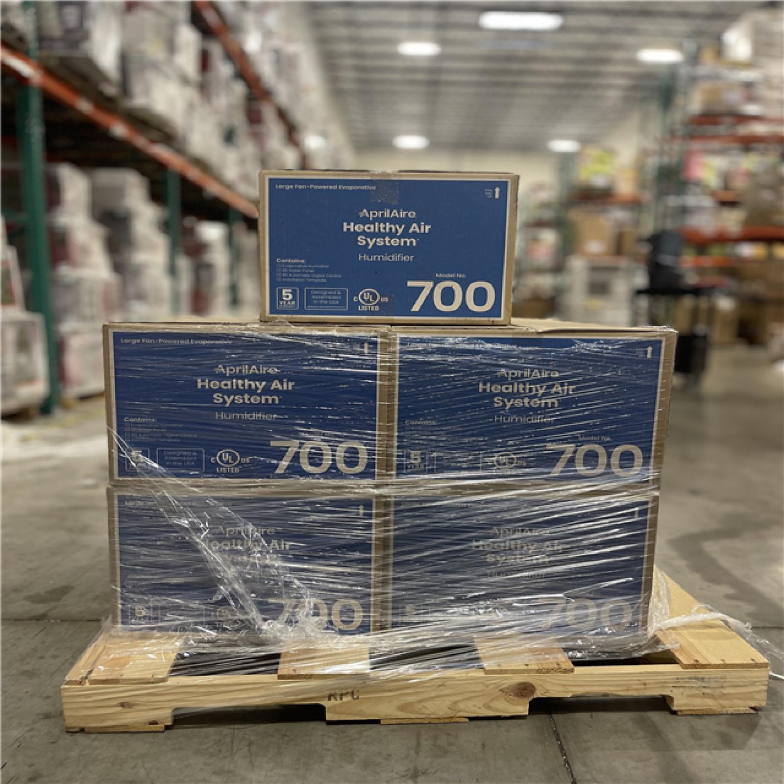 DALLAS LOCATION- AprilAire Model 700 18 gal. for up to 5 300 sq. ft. Whole-House Fan-Powered Evaporative Humidifier with Digital Control PALLET- (9 UNITS)