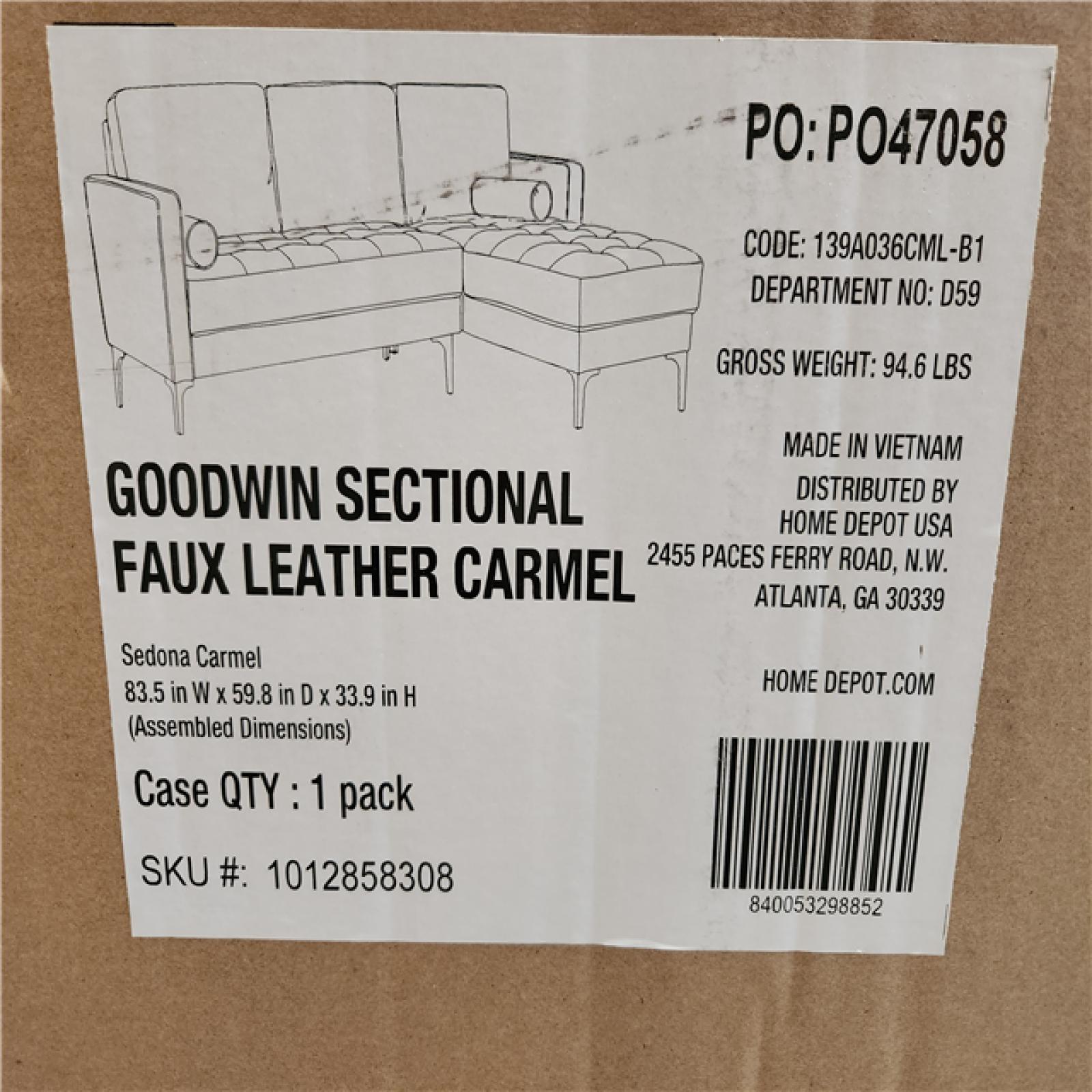 Phoenix AS-IS StyleWell Goodwin 83.5 in Square Arm 2-Piece Faux Leather Sectional Sofa in Caramel Brown