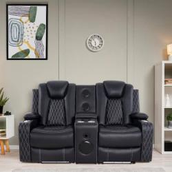Phoenix HOMESTOCK Home Theater Seating  Movie Theater Chairs  Power Recliner Loveseat with 6 Cupholders and Tray Air Leather in Black