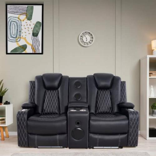 Phoenix HOMESTOCK Home Theater Seating  Movie Theater Chairs  Power Recliner Loveseat with 6 Cupholders and Tray Air Leather in Black