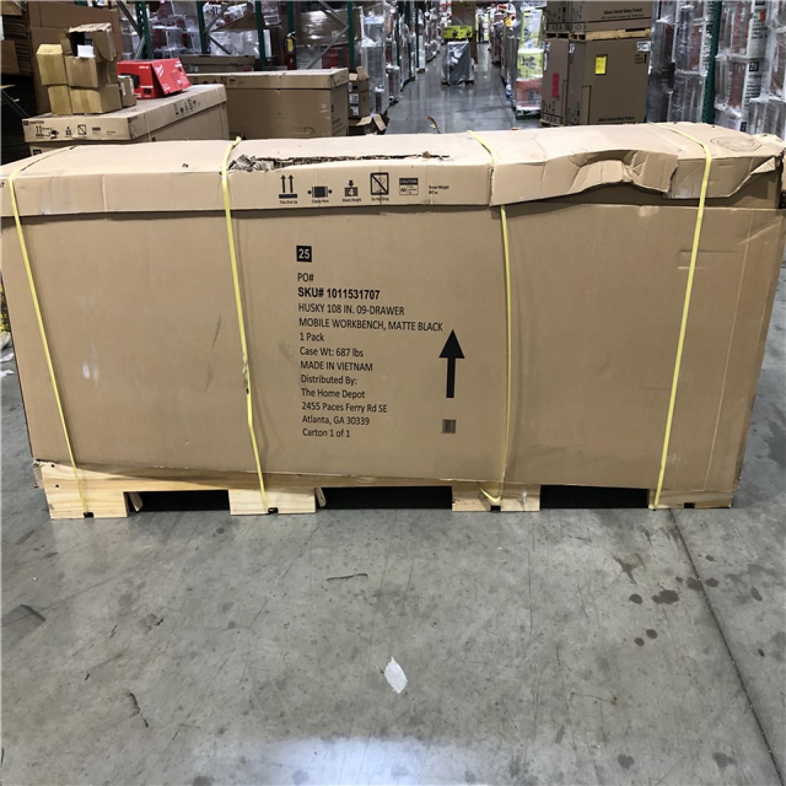 DALLAS LOCATION - Husky 108 in. W x 24 in. D 9-Drawer Heavy-Duty Mobile Workbench with Stainless Steel Top in Matte Black