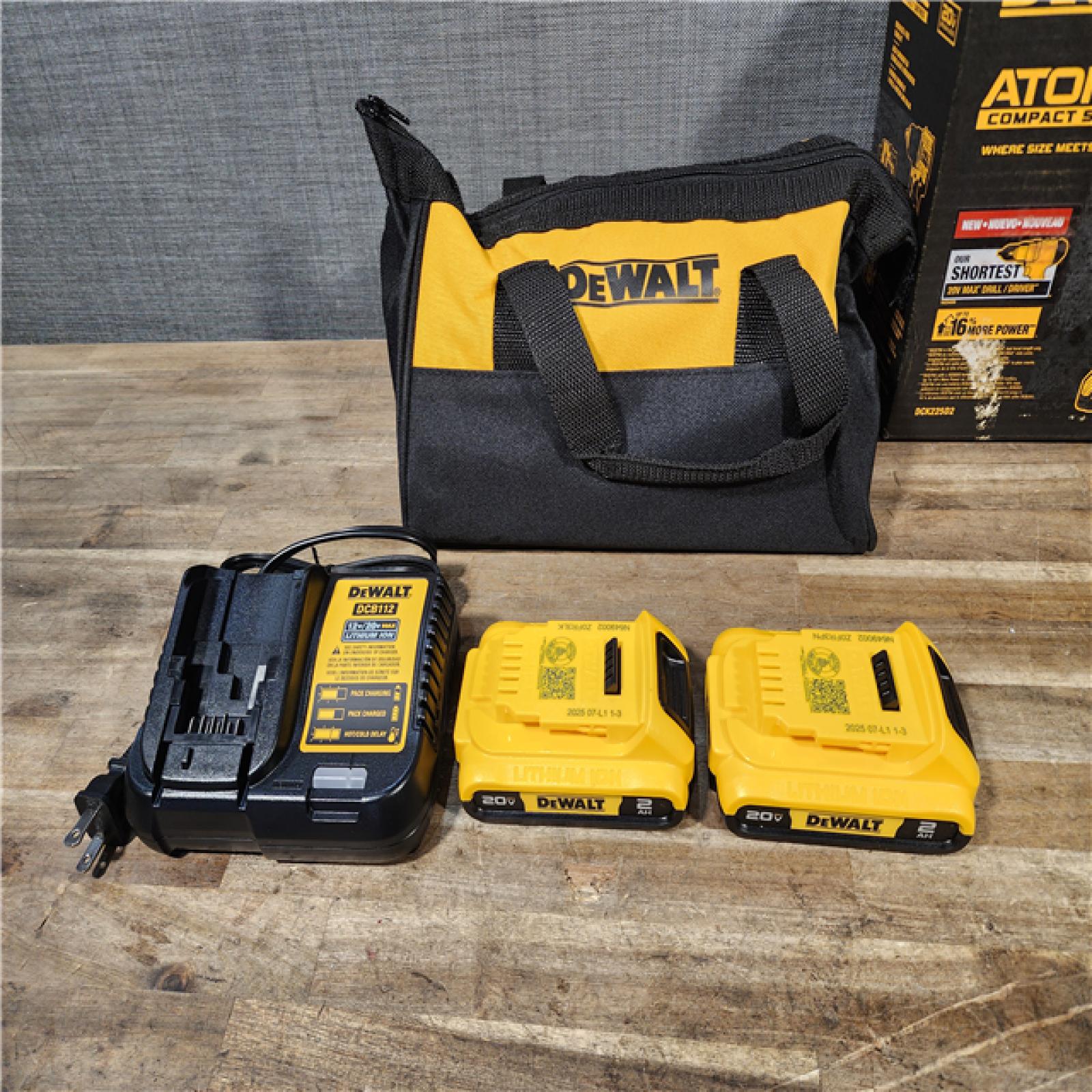 HOUSTON LOCATION - AS-IS Dewalt DCK225D2 20V MAX ATOMIC Brushless Compact Lithium-Ion 1/2 in. Cordless Drill Driver and 1/4 in. Impact Driver Combo Kit with 2 Batteries 2 Ah