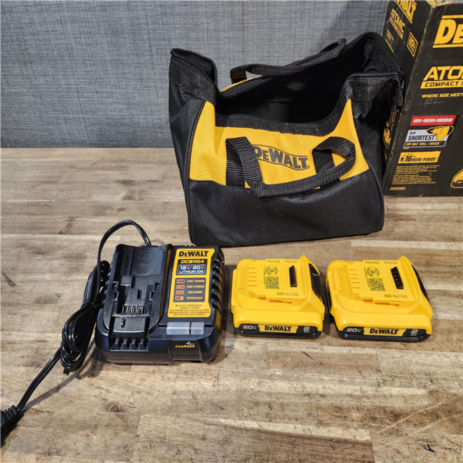 HOUSTON LOCATION - AS-IS Dewalt DCK225D2 20V MAX ATOMIC Brushless Compact Lithium-Ion 1/2 in. Cordless Drill Driver and 1/4 in. Impact Driver Combo Kit with 2 Batteries 2 Ah