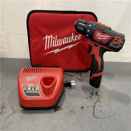 AS-IS - MILWAUKEE M12 12V Lithium-Ion Cordless 3/8 in. Drill/Driver Kit with Two 1.5 Ah Batteries, Charger and Tool Bag