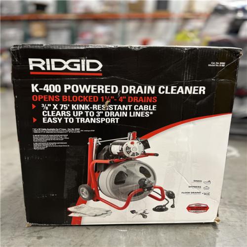 NEW! - RIDGID K-400 Drain Cleaning Snake Auger 120-Volt Drum Machine with C-32IW 3/8 in. x 75 ft. Cable + 4-Piece Tool Set & Gloves