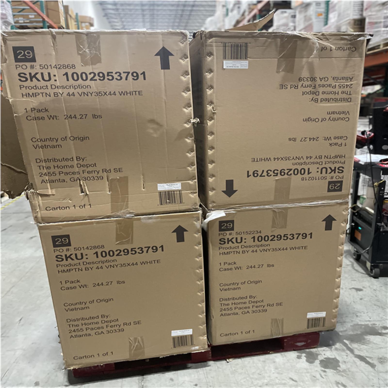 DALLAS LOCATION - AS-IS HAMPTON HARBOR 44 in. W x 22 in. D x 35 in. H Single Sink Freestanding Bath Vanity (WHITE & WHITE MARBLE TOP) (4 CASES)