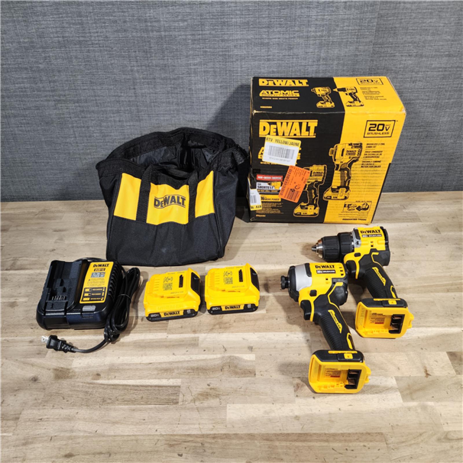 HOUSTON LOCATION - AS-IS Dewalt DCK225D2 20V MAX ATOMIC Brushless Compact Lithium-Ion 1/2 in. Cordless Drill Driver and 1/4 in. Impact Driver Combo Kit with 2 Batteries 2 Ah