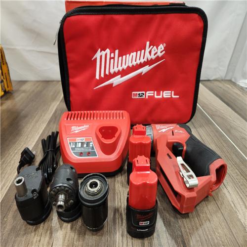 AS-IS Milwaukee M12 FUEL 12V Lithium-Ion Brushless Cordless 4-in-1 Installation 3/8 in. Drill Driver Kit with 4-Tool Heads