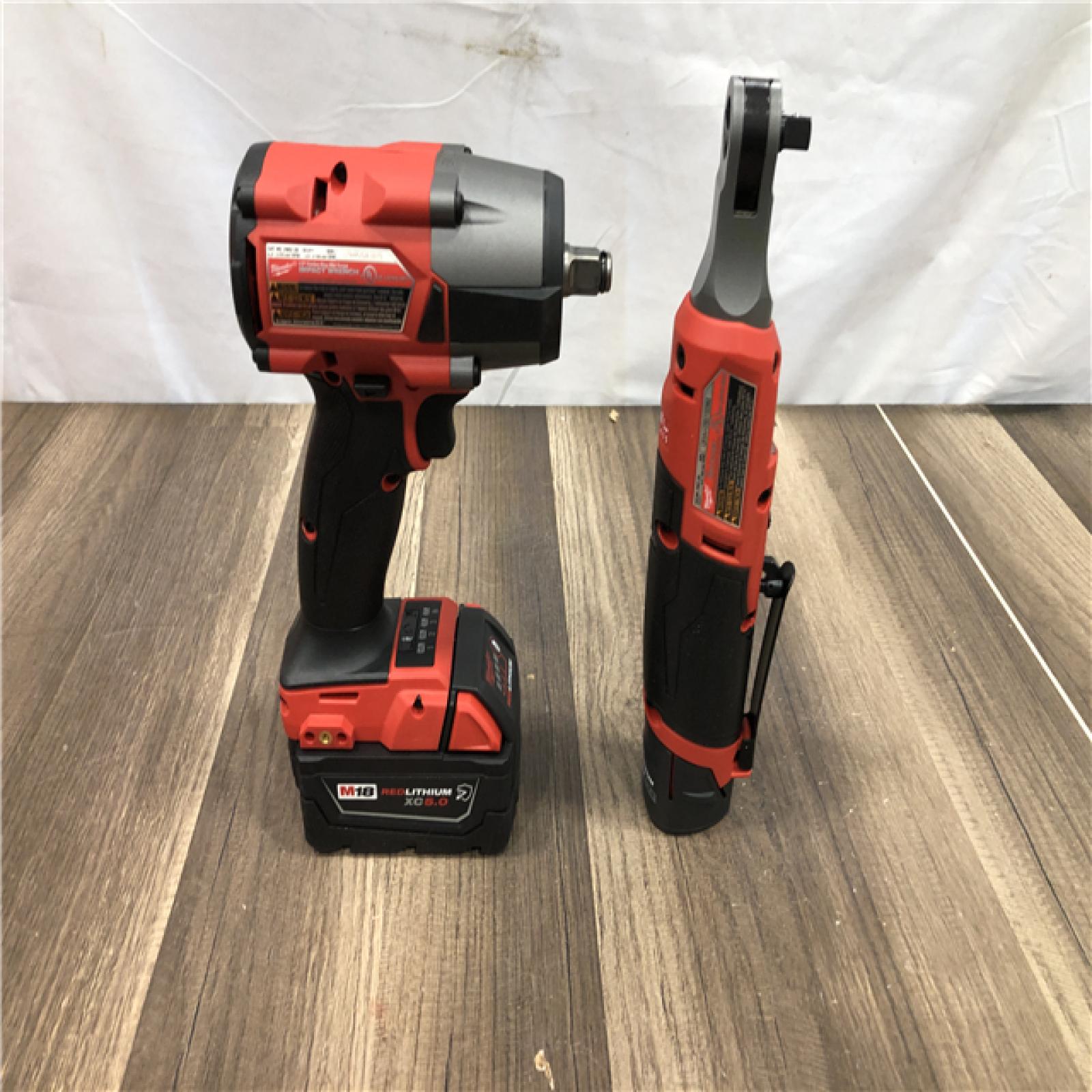 AS-IS Milwaukee FUEL 18V Cordless Mid Torque 1/2 in. Impact Wrench w/ M12 FUEL 3/8 in. Ratchet & Battery/Charger Combo Kit