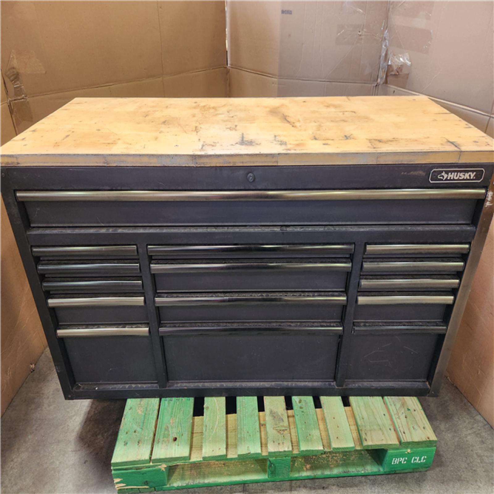 Phoenix AS-IS Husky 61 in. W x 23 in. D Heavy Duty 15-Drawer Mobile Workbench Tool Chest with Solid Wood Top in Matte Black
