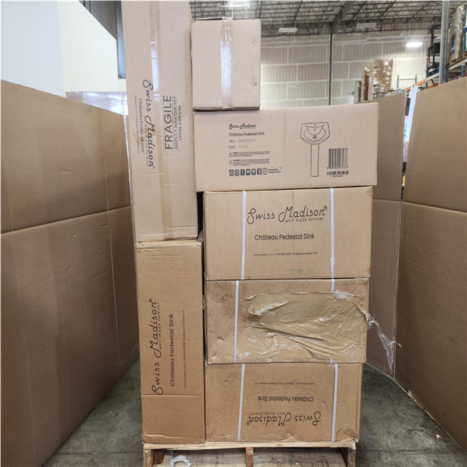 Phoenix NEW Swiss Madison Chateau 25.6 in. Pedestal Ceramic Bathroom Sink Round Single Faucet Hole in White Pallet of 8 (RV: $906
