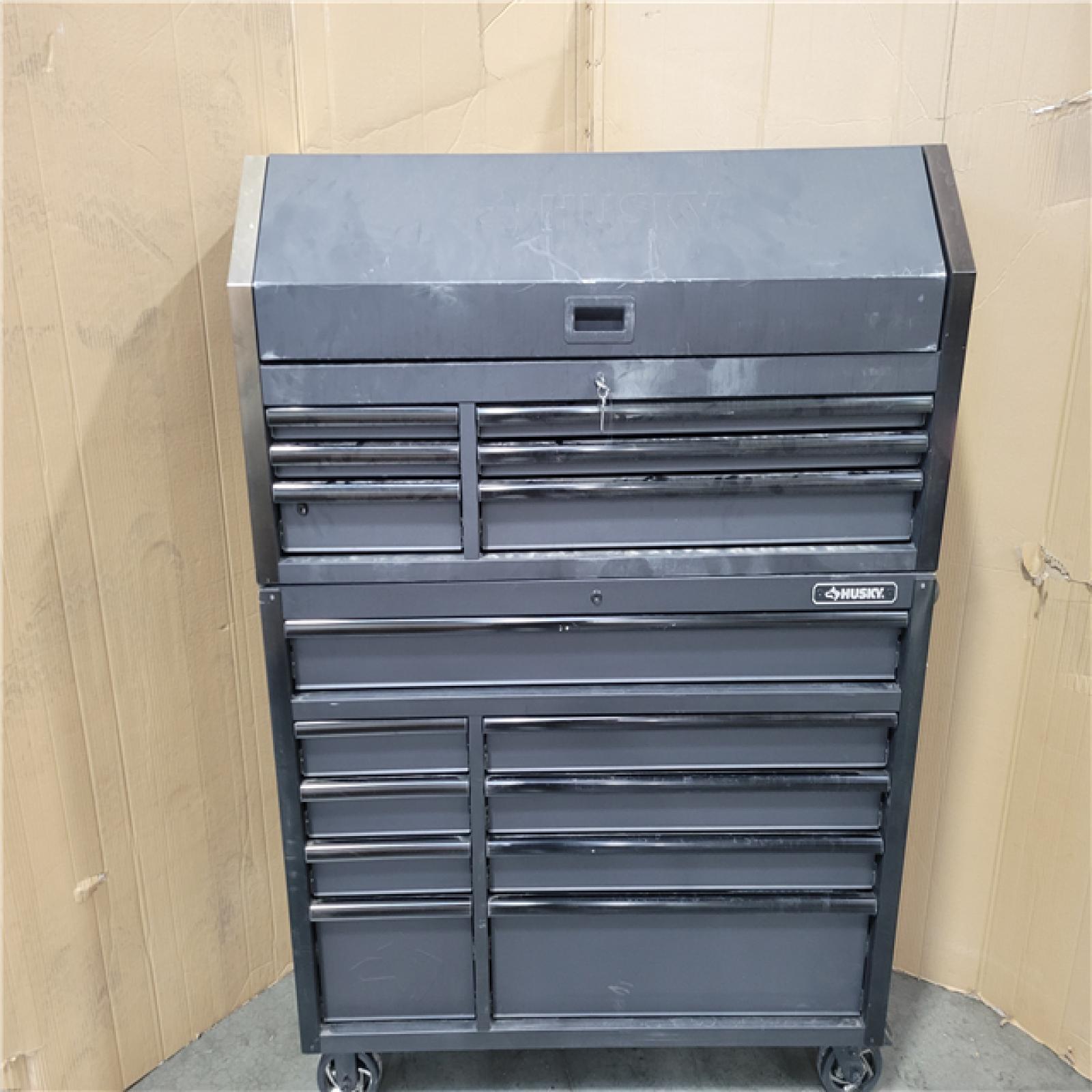CALIFORNIA AS-IS HUSKY 51.7 IN  15-DRAWER TOOL CHEST W TOP CABINET