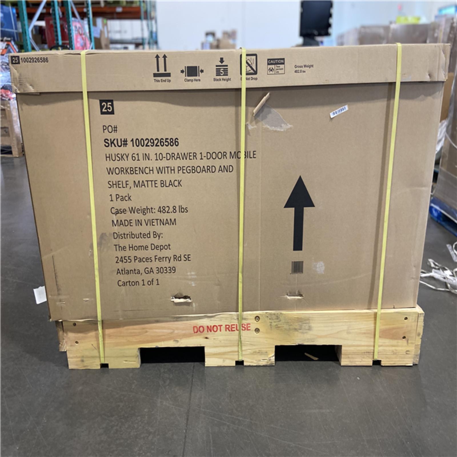 DALLAS LOCATION - Husky 61 in. W x 26 in. D Heavy Duty 10-Drawer 1-Door Mobile Workbench with Hardwood Top, Pegboard and Shelf in Matte Black