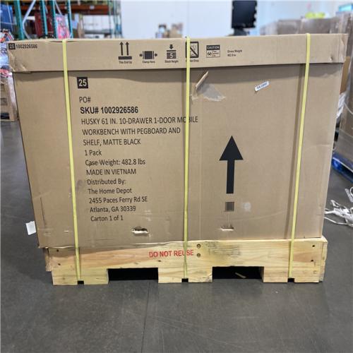 DALLAS LOCATION - Husky 61 in. W x 26 in. D Heavy Duty 10-Drawer 1-Door Mobile Workbench with Hardwood Top, Pegboard and Shelf in Matte Black