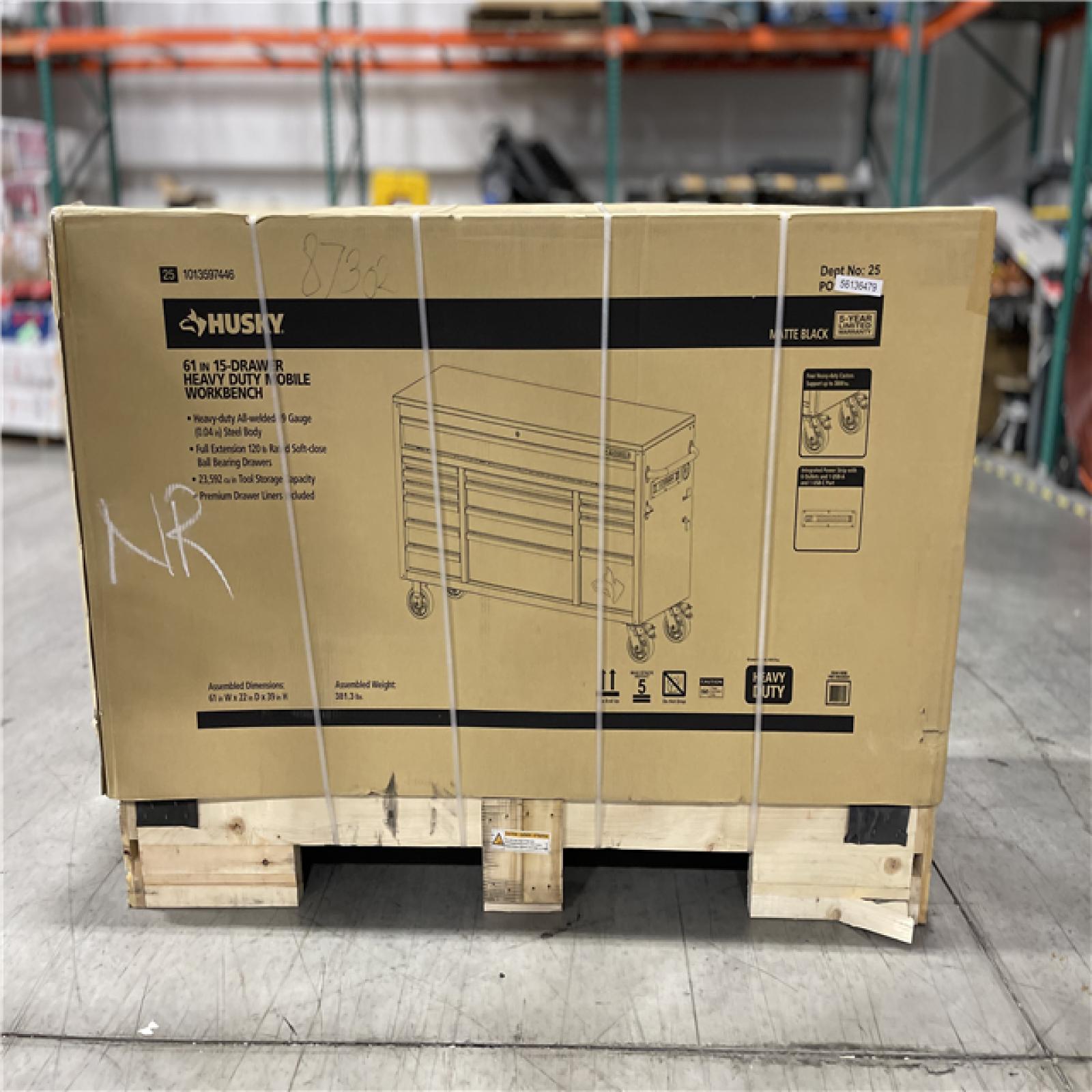 DALLAS LOCATION - Husky Heavy-Duty 61 in. W x 23 in. D 15-Drawer Matte Black Mobile Workbench Cabinet with Solid Wood Top